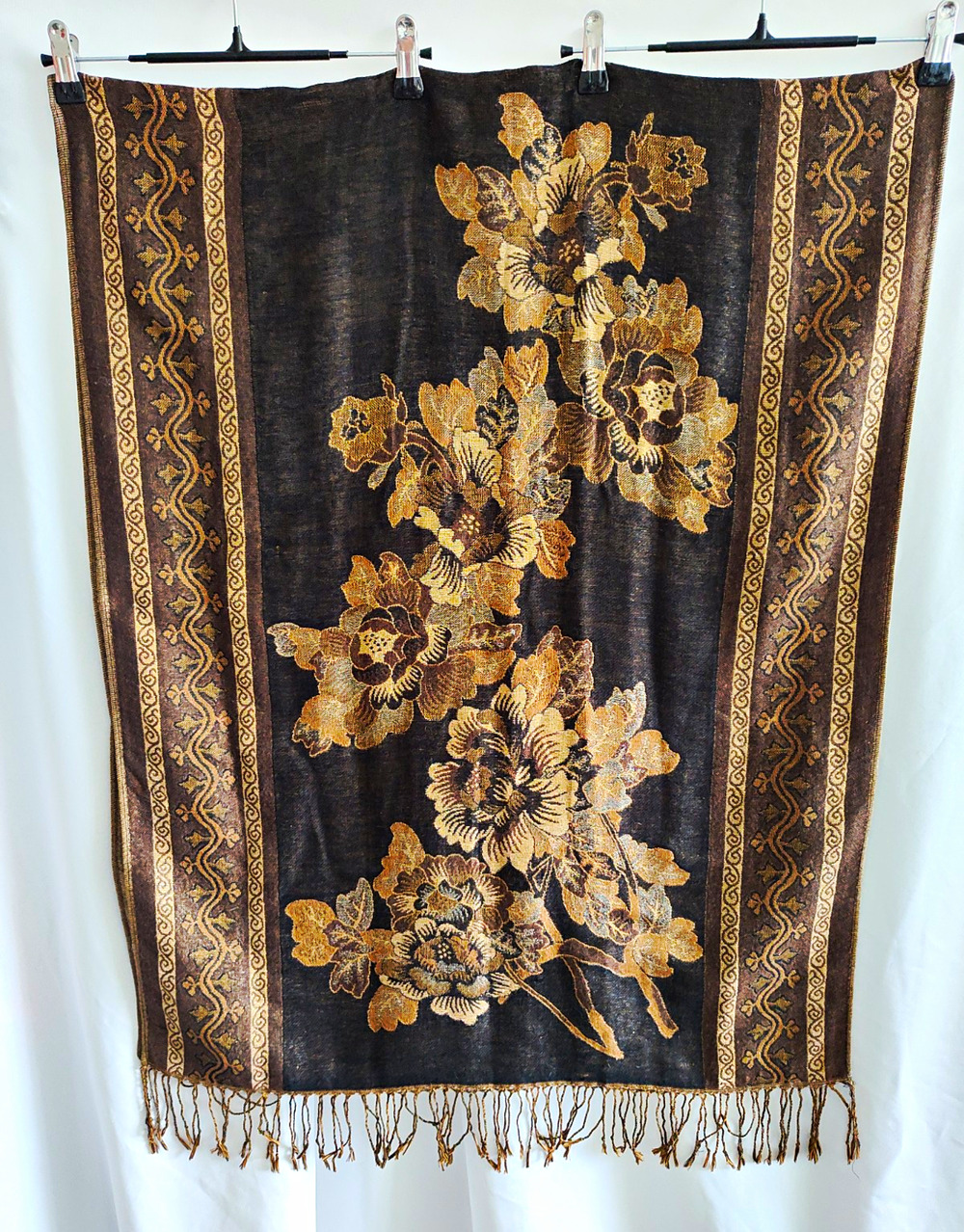 Black & Gold Pashima Floral Knit Fringe Rectangle Scarf Shawl Quiet Luxury